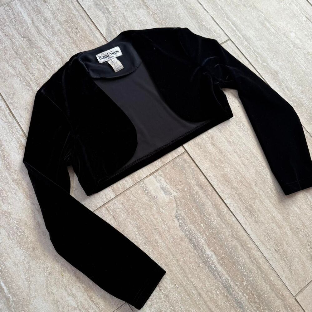 Vintage 90s Y2K Ronnie Nicole Black Velvet long sleeve shrug cardigan crop Sz M